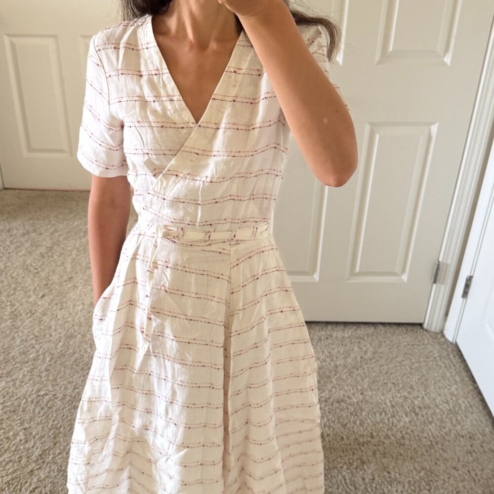 Son de Flor Cream Midi Wrap Dress with Subtle Pink Stripes